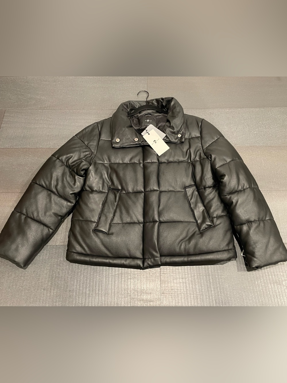 7 For All Mankind Black Faux-Leather Puffer Jacket